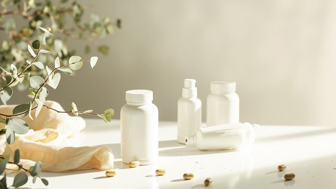 premium supplement bottles with capsules on sunlit counter with eucalyptus leaves