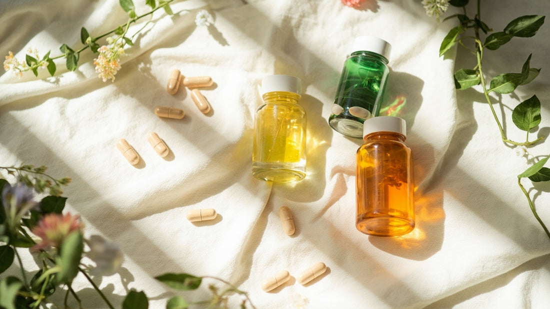 natural supplements on linen with green leaves and soft sunlight in a clean setting